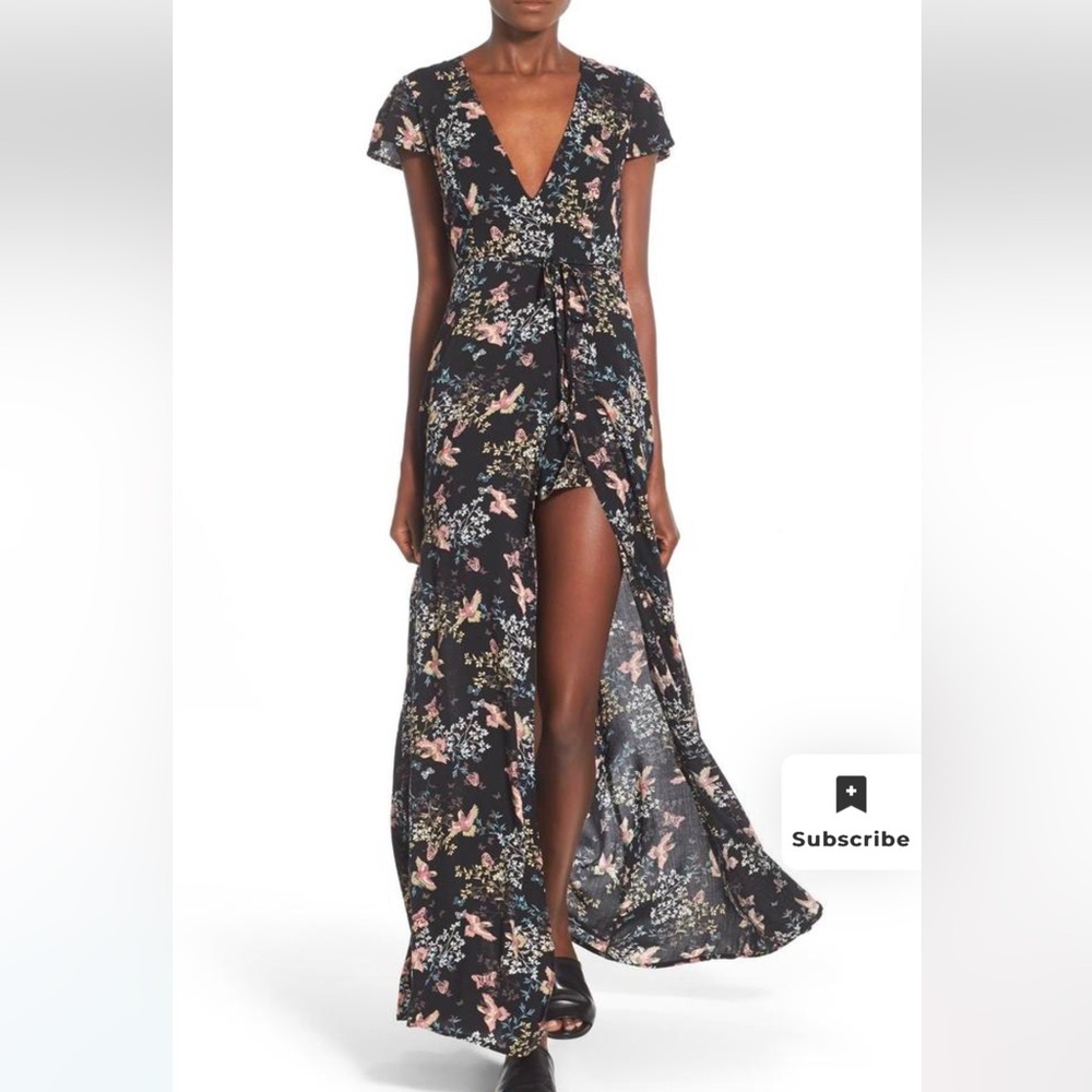 Glamorous Floral Print Romper with Maxi Skirt Overlay in size S